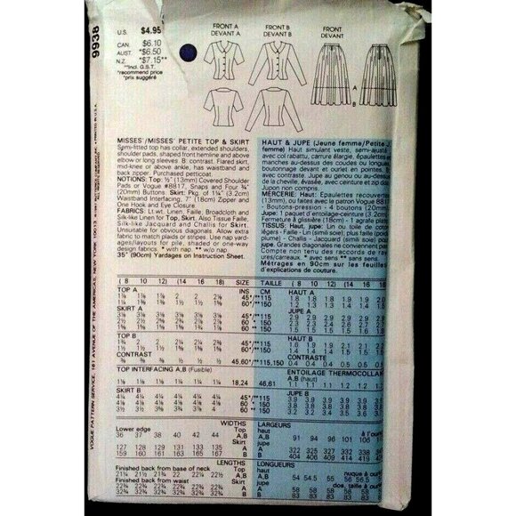 Sewing Pattern VOGUE 9938 Ladies JACKET & SKIRT Size 8-12 Very Easy U/C Vintage - Picture 2 of 7